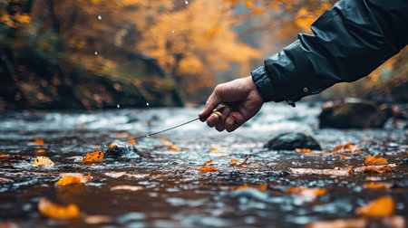 A fisherman's hand casting a line into a flowing river surrounded by autumn leavesの素材