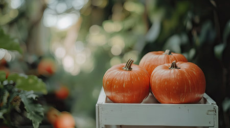 A close-up of small and large orange pumpkins on a white crate, with a blurred garden in the backgroundの素材