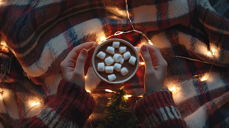 A cozy setting with hands holding Christmas lights, surrounded by hot cocoa, marshmallows, and a plaid blanketの素材