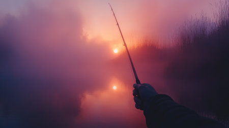 A fishing rod held by a hand on a misty riverbank at sunrise, with orange and pink skiesの素材
