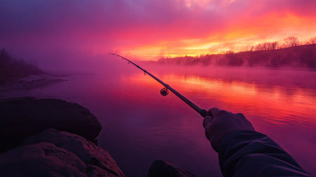A fishing rod held by a hand on a misty riverbank at sunrise, with orange and pink skiesの素材