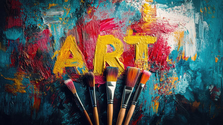 A creative shot of paint brushes forming the letters ART on a colorful backgroundの素材