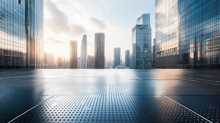 A futuristic square with metallic flooring and iconic high-rise buildings stretching into the horizonの素材