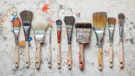 A flat lay of paint brushes of various sizes, with paint splatters on a white backgroundの素材