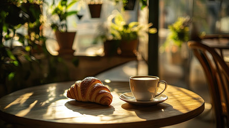 A cozy cafe vibe with a croissant and coffee cup on a table, with blurred shadows from hanging plants in the backgroundの素材