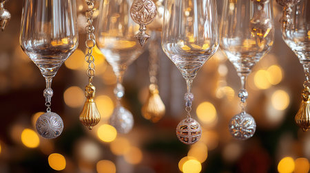 A close-up of wine glasses with gold and silver holiday charms hanging from the stems, against a blurred background of lightsの素材