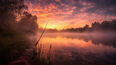 A fishing rod held by a hand on a misty riverbank at sunrise, with orange and pink skiesの素材