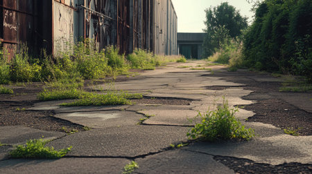 A deserted rural lane outside an abandoned industrial building, with weeds growing through cracks in the pavement.の素材