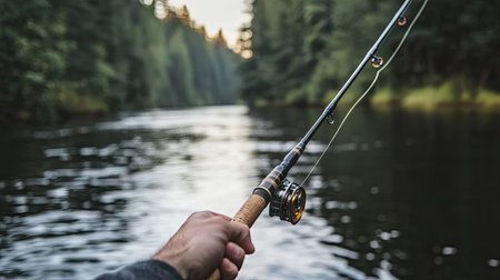 A fishing rod being held by a hand at a bend in a forested riverの素材