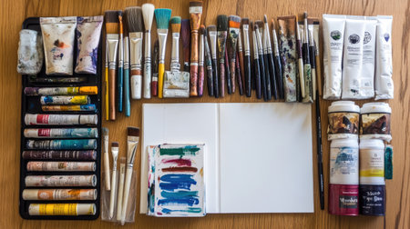 A flat lay of art supplies, including paint brushes, paint tubes, and a sketchpadの素材