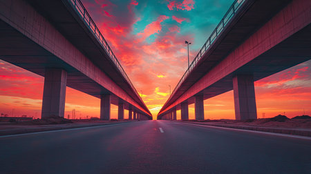 A deserted highway stretching into the distance, passing under an overpass with a vivid sunset reflecting off its surfaces.の素材