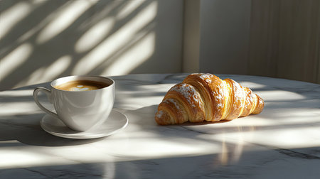A fresh croissant and coffee cup on a marble surface, with delicate shadows from morning light streaming inの素材
