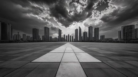 A geometric square design leading toward a row of modern skyscrapers under a cloudy skyの素材