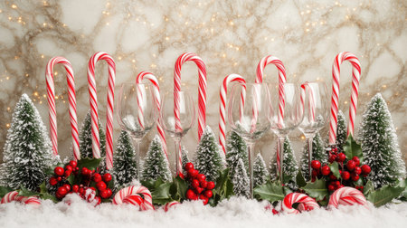 A festive arrangement with wine glasses surrounded by candy canes, holly branches, and miniature Christmas treesの素材