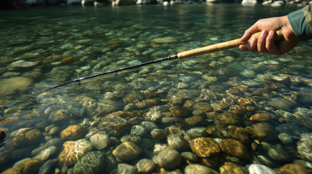 A fishing rod held by a hand above clear river waters with pebbles visible beneathの素材