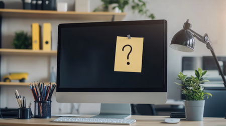 A desk with a computer and a sticky note on the monitor displaying a hand-drawn question markの素材