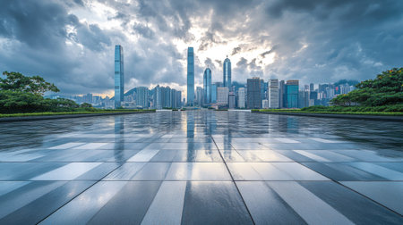 A geometric square design leading toward a row of modern skyscrapers under a cloudy skyの素材