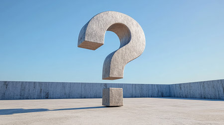 A giant D question mark statue standing in an empty plaza with a clear blue skyの素材