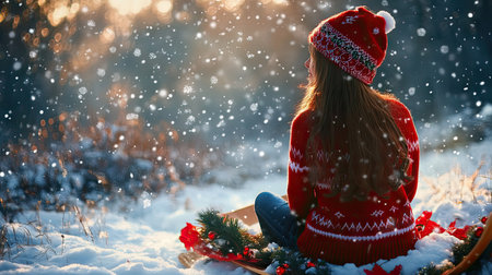 A girl in a festive red sweater and Christmas hat, sitting on a sled in a snowy winter wonderlandの素材