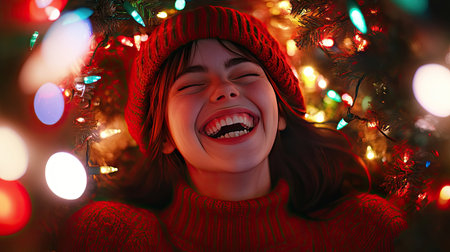 A girl in a red knitted pullover and Christmas hat, laughing while tangled in colorful holiday lightsの素材