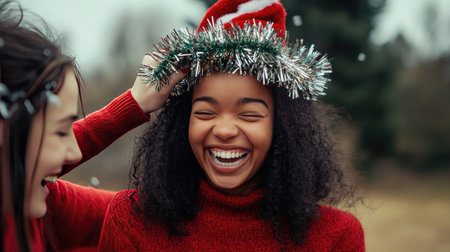 A girl in a red sweater and Christmas hat, laughing as she wraps a friend's head with tinselの素材