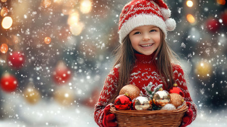 A girl in a festive red sweater and Christmas hat, holding a basket of ornaments and smiling brightlyの素材