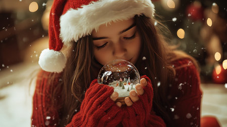 A girl in a red knitted pullover and Santa hat, holding a snow globe and gazing at it with wonderの素材