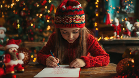 A girl in a red knitted pullover and festive hat, writing a letter to Santa on a table surrounded by holiday decorationsの素材