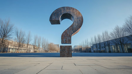 A giant D question mark statue standing in an empty plaza with a clear blue skyの素材