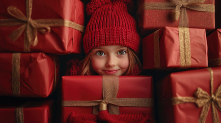 A girl wearing a red knitted pullover and festive hat, peeking out from behind a large stack of holiday giftsの素材