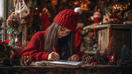 A girl in a red knitted pullover and festive hat, writing a letter to Santa on a table surrounded by holiday decorationsの素材