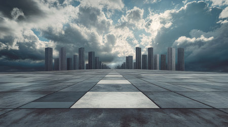 A geometric square design leading toward a row of modern skyscrapers under a cloudy skyの素材