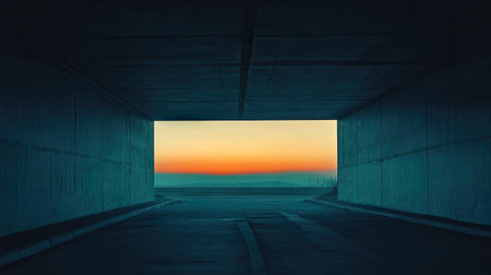 A high-contrast view of a highway underpass at dusk, with the last light of sunset coloring the horizon.の素材