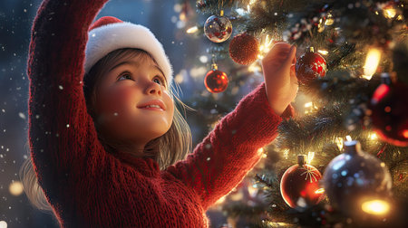A girl in a red knitted pullover and Santa hat, hanging ornaments on a beautifully lit Christmas treeの素材