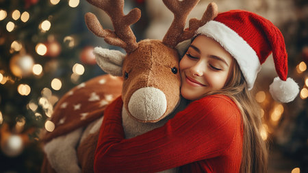 A girl in a red sweater and Christmas hat, hugging a giant stuffed reindeer in a cozy holiday settingの素材