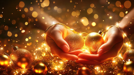 A glowing string of Christmas lights being draped across both hands, with golden holiday ornaments nearbyの素材