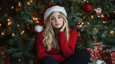 A girl in a red sweater and Santa hat, sitting cross-legged by the Christmas tree with an open gift boxの素材