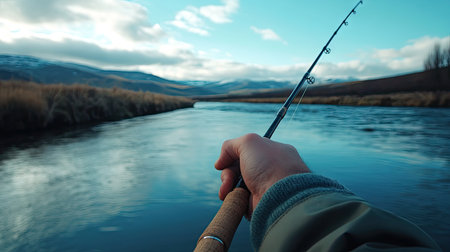 A hand resting on a fishing rod handle with a scenic river and distant mountains in viewの素材