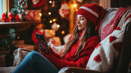 A girl in a red sweater and festive hat, sitting in a cozy chair, surrounded by holiday-themed pillows and throwsの素材