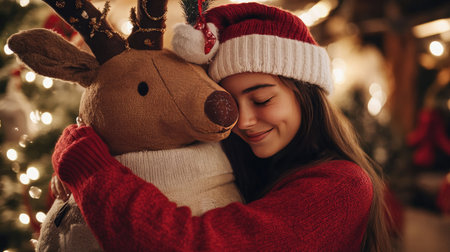 A girl in a red sweater and Christmas hat, hugging a giant stuffed reindeer in a cozy holiday settingの素材