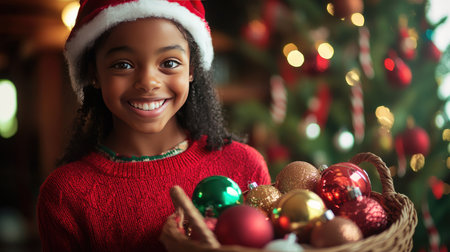 A girl in a festive red sweater and Christmas hat, holding a basket of ornaments and smiling brightlyの素材