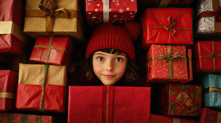 A girl wearing a red knitted pullover and festive hat, peeking out from behind a large stack of holiday giftsの素材