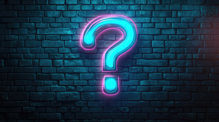 A glowing neon question mark symbol on a dark brick wall, creating a mysterious atmosphereの素材