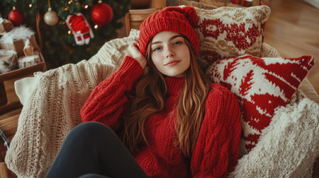A girl in a red sweater and festive hat, sitting in a cozy chair, surrounded by holiday-themed pillows and throwsの素材