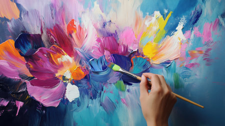 A hand holding a paint brush, painting on a canvas with vibrant colors in a studioの素材