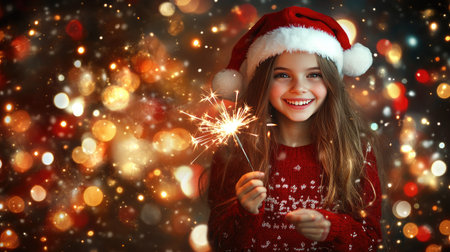 A girl in a red sweater and Santa hat, holding a sparkler in front of a glowing Christmas backdropの素材