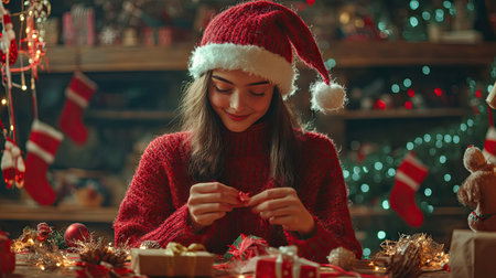 A girl in a red knitted pullover and Santa hat, surrounded by holiday crafts and ribbons while making decorationsの素材
