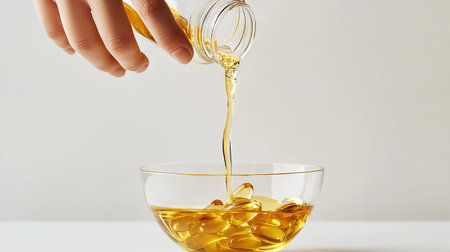 A hand pouring omega capsules into a bowl, with a white background emphasizing the golden colorの素材