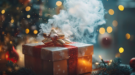 A magical gift box with sparkling smoke flowing gracefully into a festive holiday sceneの素材