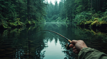 A hand gripping a fishing rod handle, ready to cast into a forest-lined riverの素材
